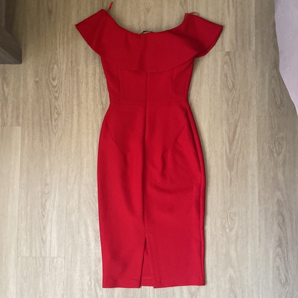 Sexy Date Night Red Midi Dress Bardot Off-Shoulder - Picture 3 of 3